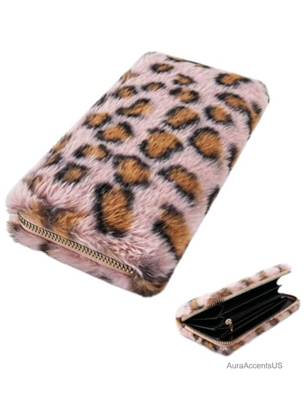 Fuzzy Leopard Print Clutch Wallet Faux Fur Multi-Pocket Purse for Women